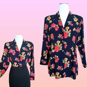 Vintage 1980s navy floral button up blouse